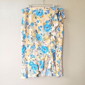 LOFT Yellow Blue Floral Ruffle Faux Wrap Skirt - Size 12